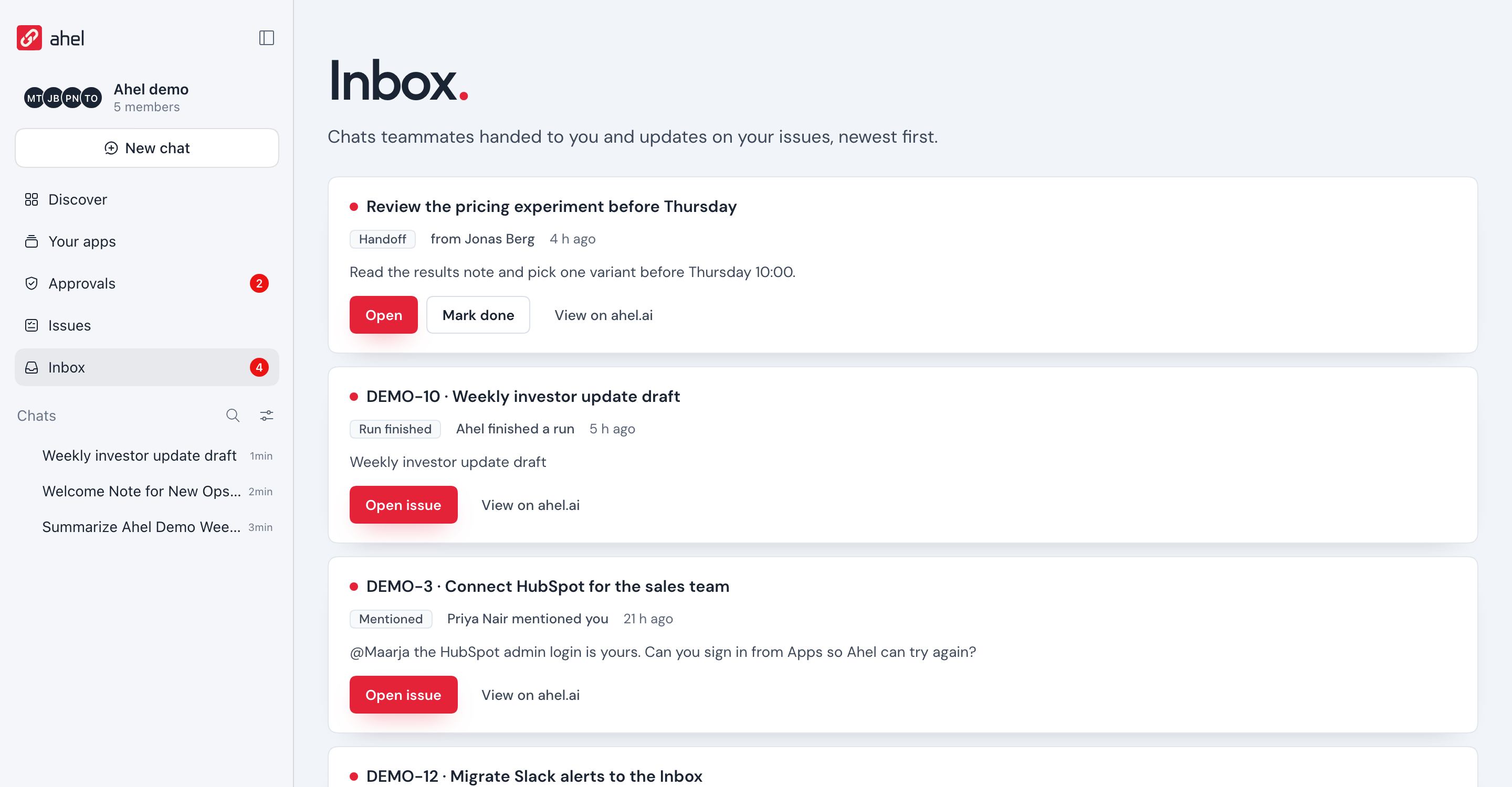 Ahel Desktop's Inbox: a handoff from a teammate, an issue assigned to you, a mention, a finished run and a failed run, each with Open issue and View on ahel.ai.