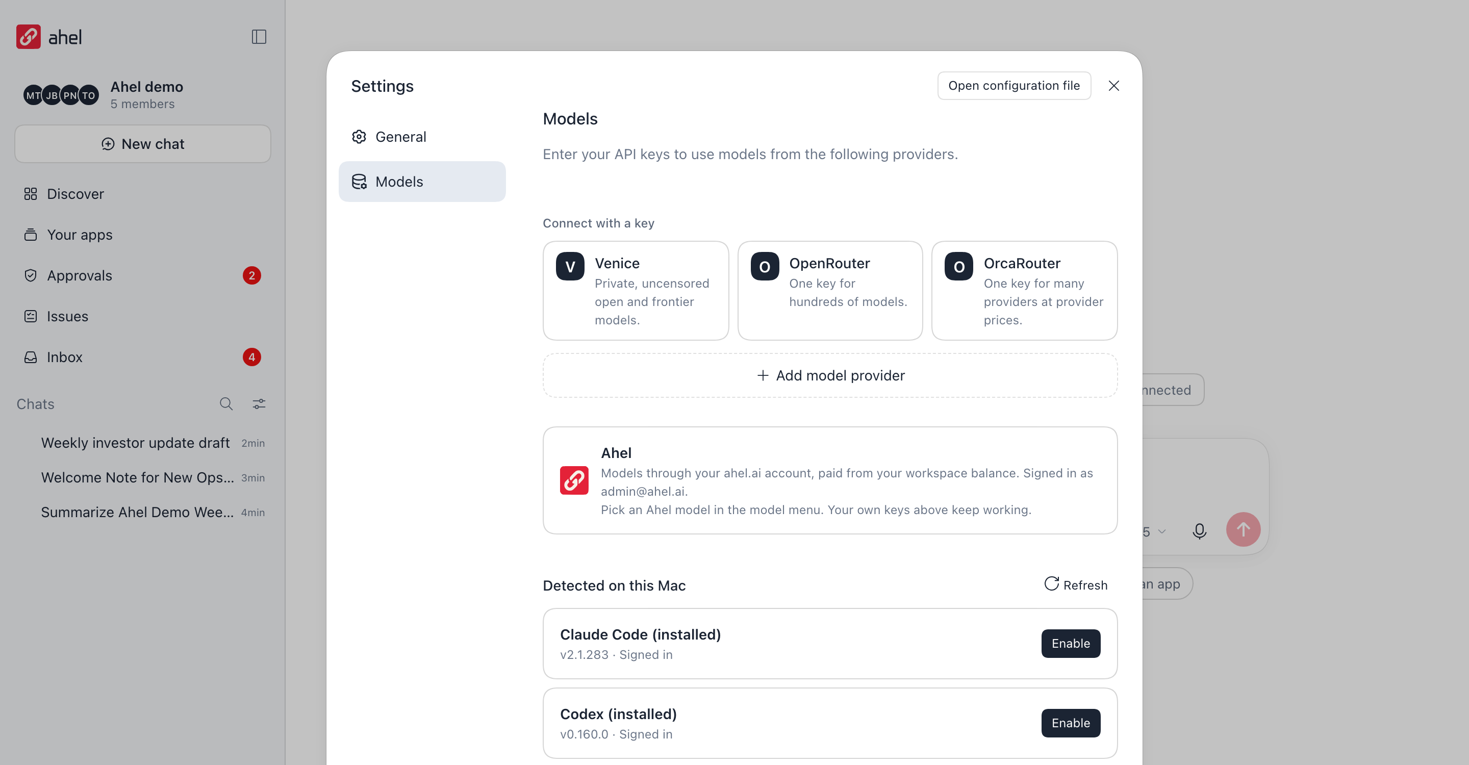 Ahel Desktop's Settings, Models: connect a key for Venice, OpenRouter or OrcaRouter, models paid through your ahel.ai account, and Claude Code and Codex detected on this Mac, both signed in.