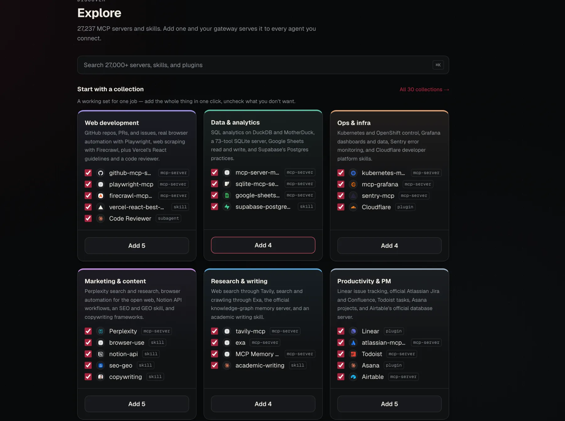 The ahel Explore screen: curated collections over the full catalog, each with icons and one-click add